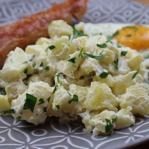 German potato salad served with bratwurst