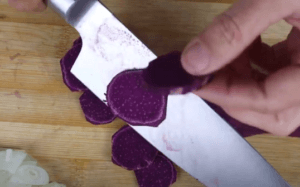 cut the sweet potatoes into thin slices