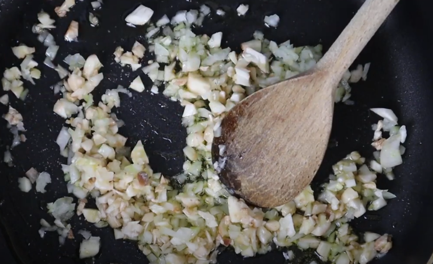 saute the onion and mushroom stems