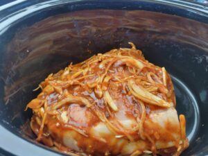 pork covered with sauce and onions