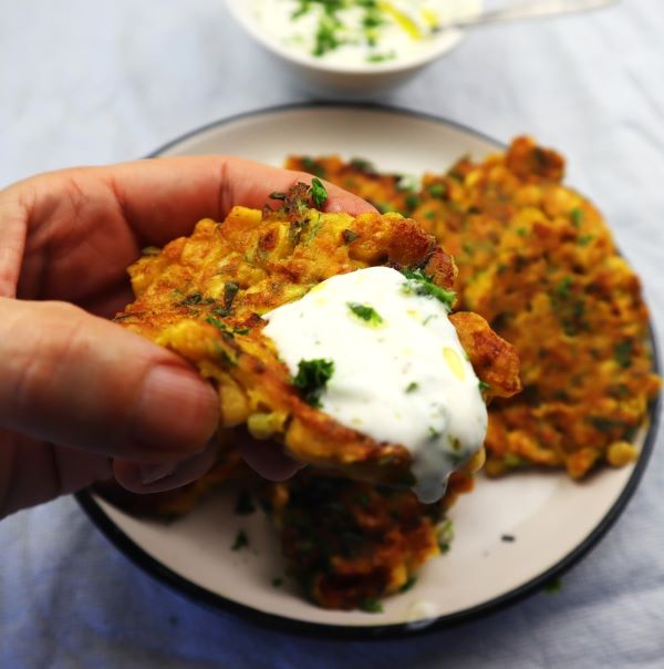 corn fritters with yogurt dip
